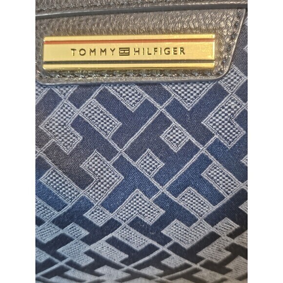Tommy Hilfiger Navy Blue Monogram Fabric Faux Leather Trim Bag Nautical purse - Picture 4 of 7